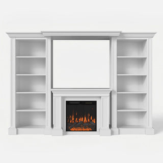 Traditional Entertainment Center with Built-In Electric Fireplace and Bookshelves-White