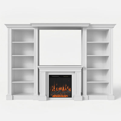 Traditional Entertainment Center with Built-In Electric Fireplace and Bookshelves-White