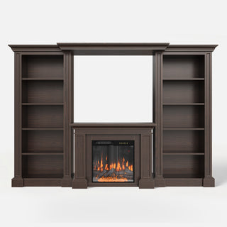 Traditional Entertainment Center with Built-In Electric Fireplace and Bookshelves-Brown