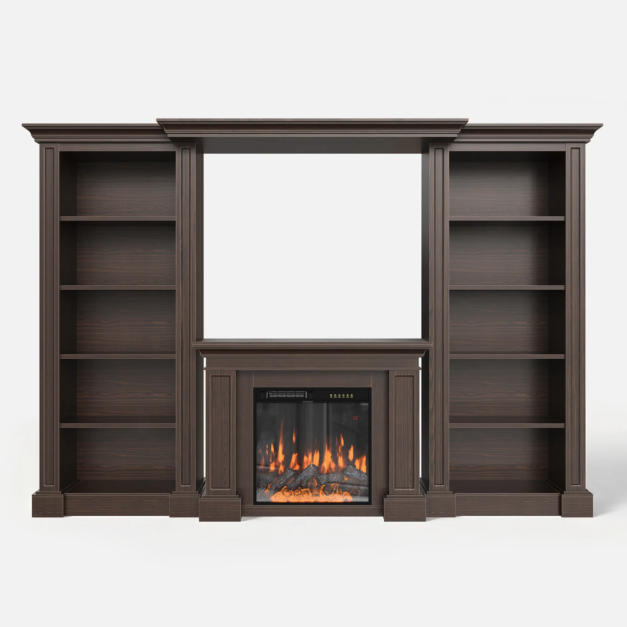 Traditional Entertainment Center with Built-In Electric Fireplace and Bookshelves-Brown