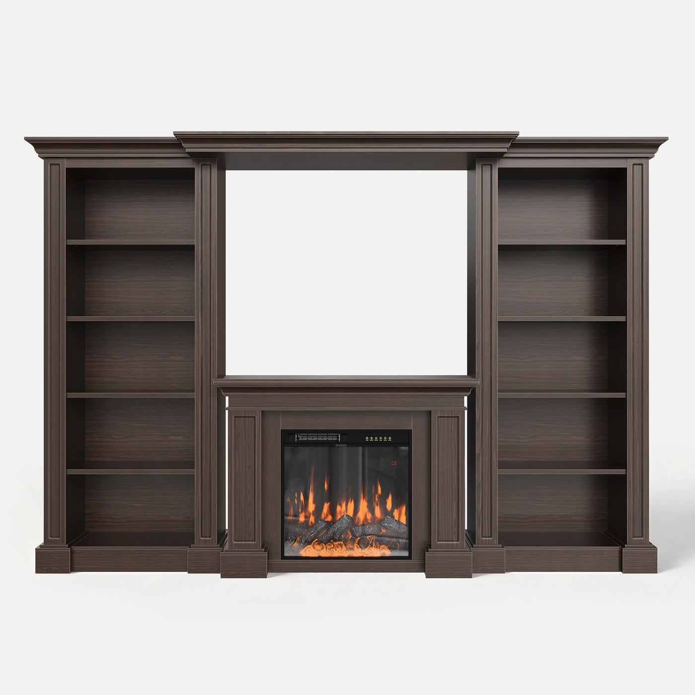 Traditional Entertainment Center with Built-In Electric Fireplace and Bookshelves-Brown