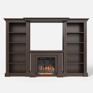 Traditional Entertainment Center with Built-In Electric Fireplace and Bookshelves-Brown