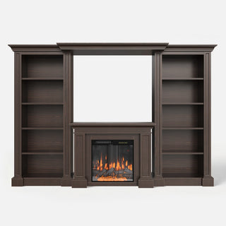 Traditional Entertainment Center with Built-In Electric Fireplace and Bookshelves-Brown