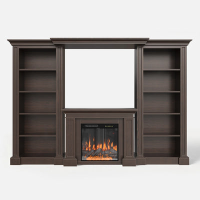 Traditional Entertainment Center with Built-In Electric Fireplace and Bookshelves-Brown