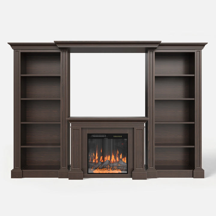 Traditional Entertainment Center with Built-In Electric Fireplace and Bookshelves-Brown