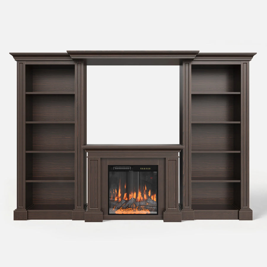Traditional Entertainment Center with Built-In Electric Fireplace and Bookshelves-Brown