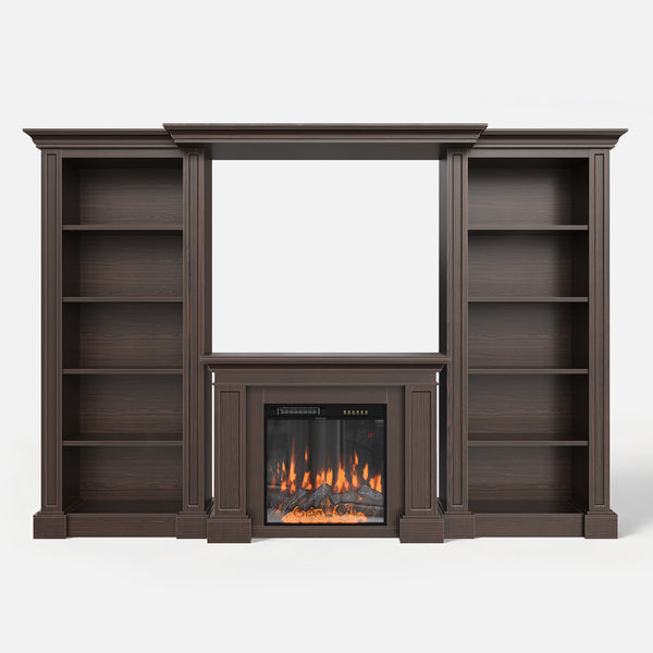 Traditional Entertainment Center with Built-In Electric Fireplace and Bookshelves-Brown