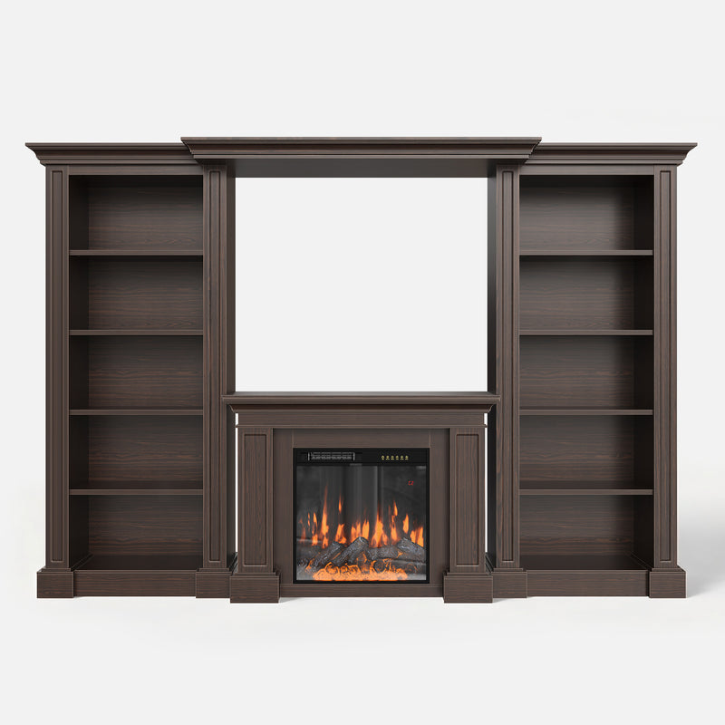 Traditional Entertainment Center with Built-In Electric Fireplace and Bookshelves-Brown