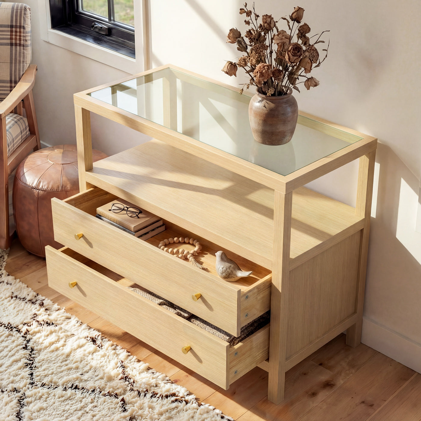 2-Drawer Nightstand with Glass Top