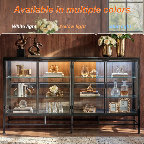 4-Door Display Cabinet with Glass Shelves and Iron Legs