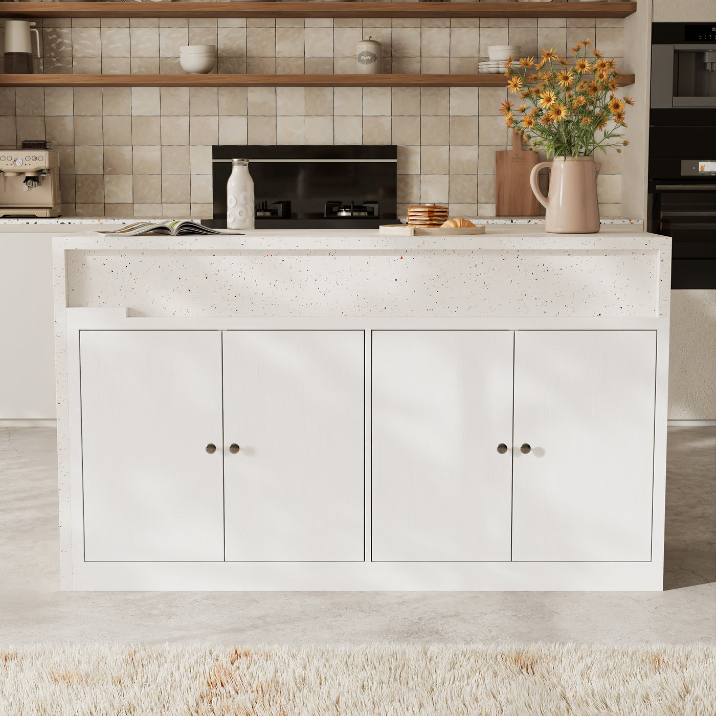 Modern Double-Sided Kitchen Island with Pull-Out Tabletop and Open Shelving