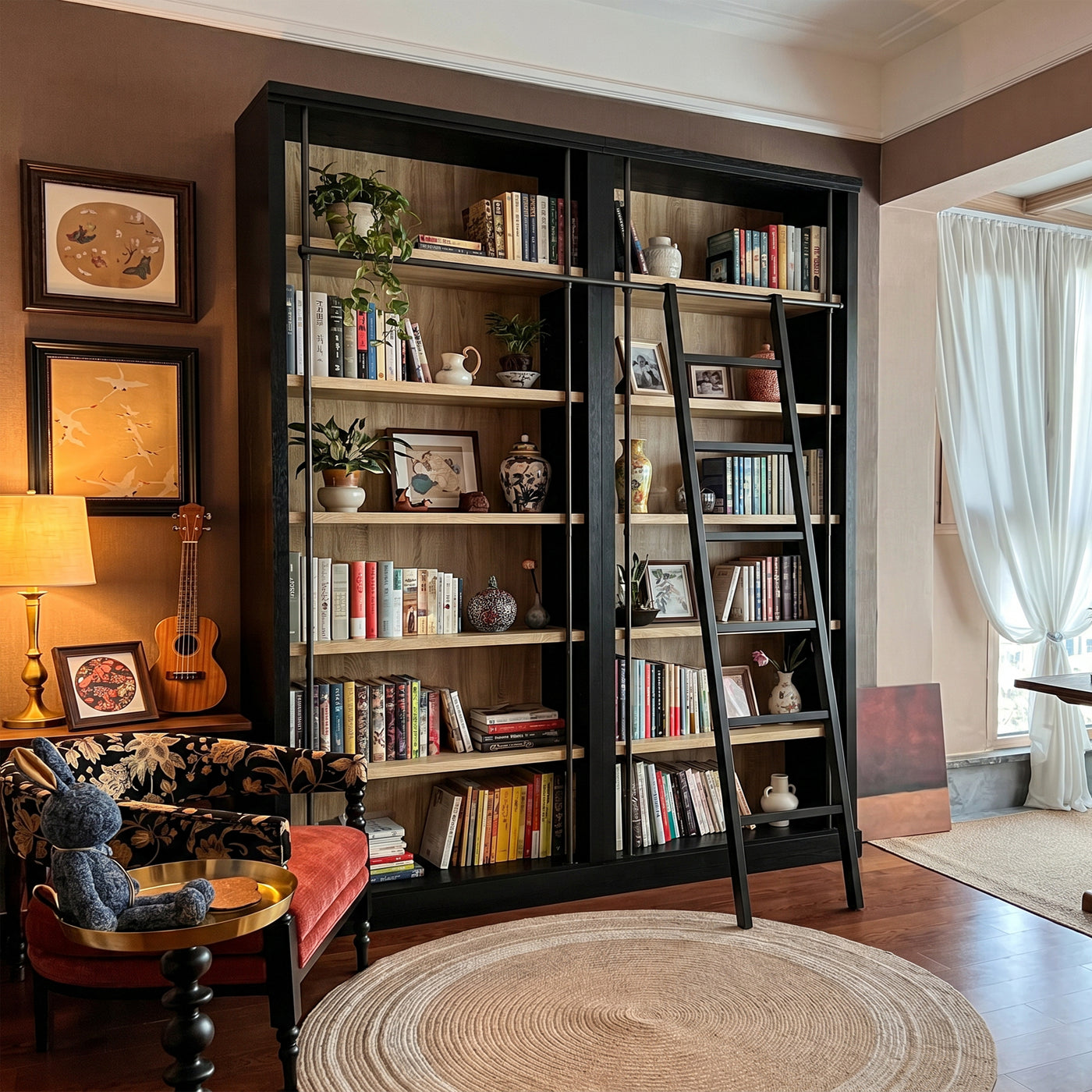 Double Bookcase with Rolling Ladder and 6-Tier Shelves