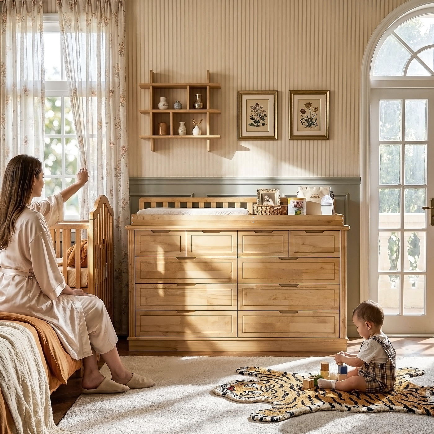 Solid Wood Changing Table with Drawers and Handle-Free Design