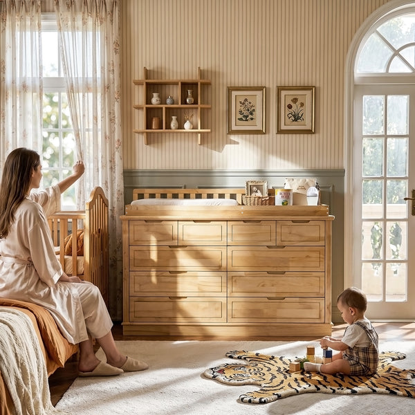 Solid Wood Changing Table with Drawers and Handle-Free Design