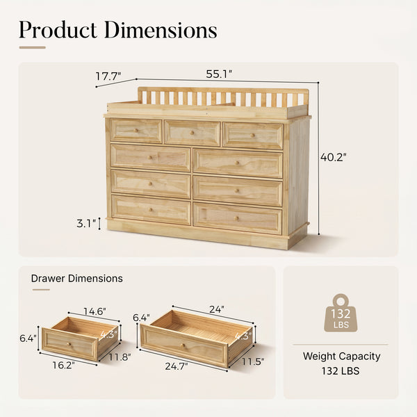 Solid Wood Changing Table with Drawers and Round Knob Handles