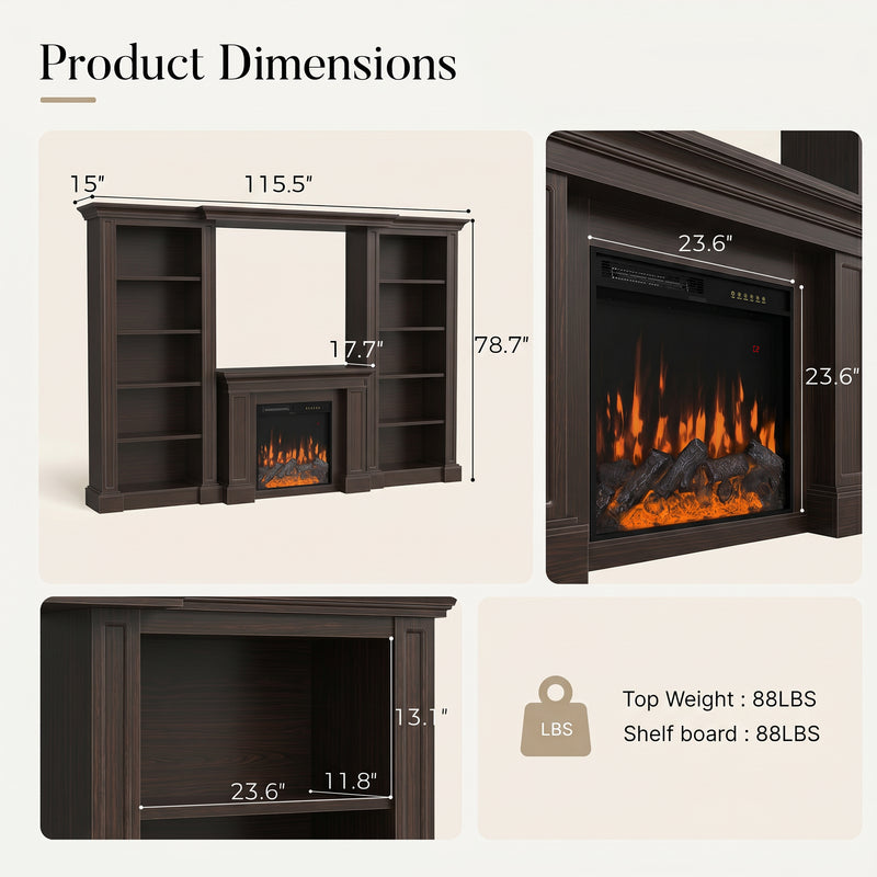 Traditional Entertainment Center with Built-In Electric Fireplace and Bookshelves