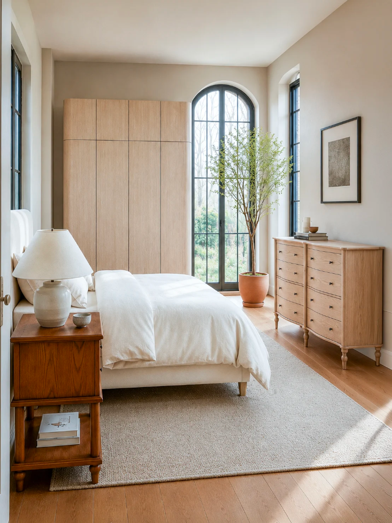 A bright, modern bedroom featuring a light wood wardrobe, matching dresser, and bedside table, styled with white bedding and a neutral rug.