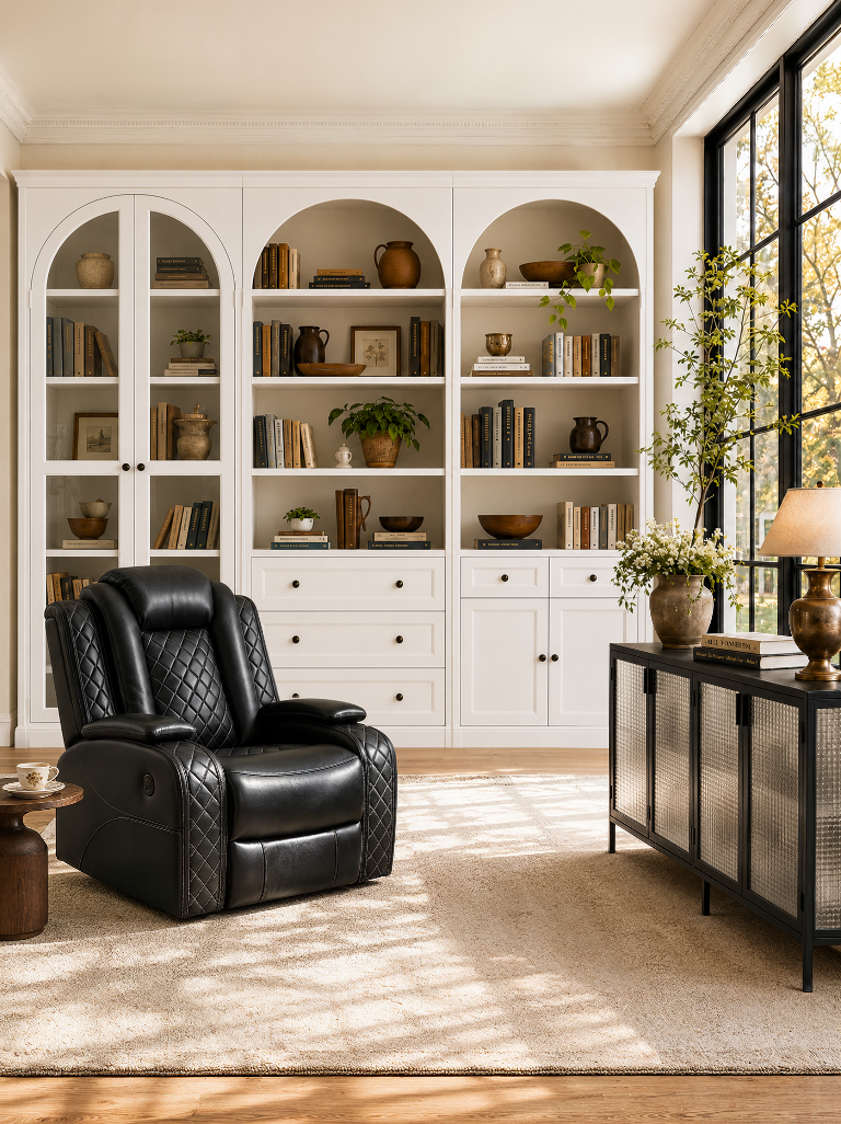 A black quilted leather recliner chair in a bright, modern living room with white built-in shelving, a beige rug, and a black console table by large windows.