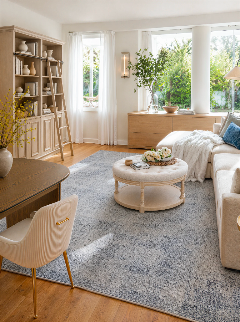 A styled living room featuring a large light blue-gray textured area rug on a hardwood floor, a cream tufted round coffee table, a cream sectional sofa with a white throw and blue accent pillow, a ribbed cream chair, and a wooden ladder shelf.