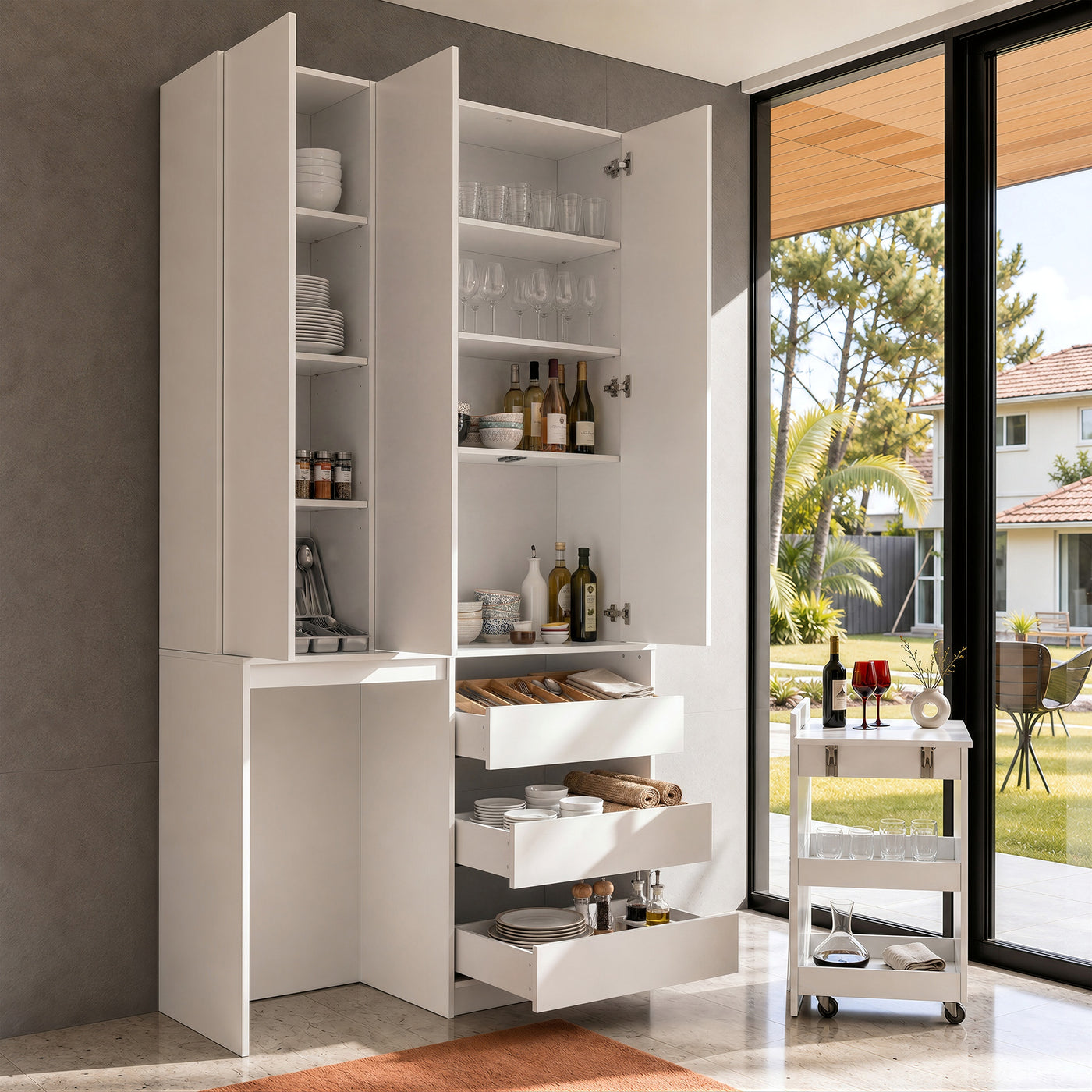 Pantry Cabinet with Rolling Storage Cart
