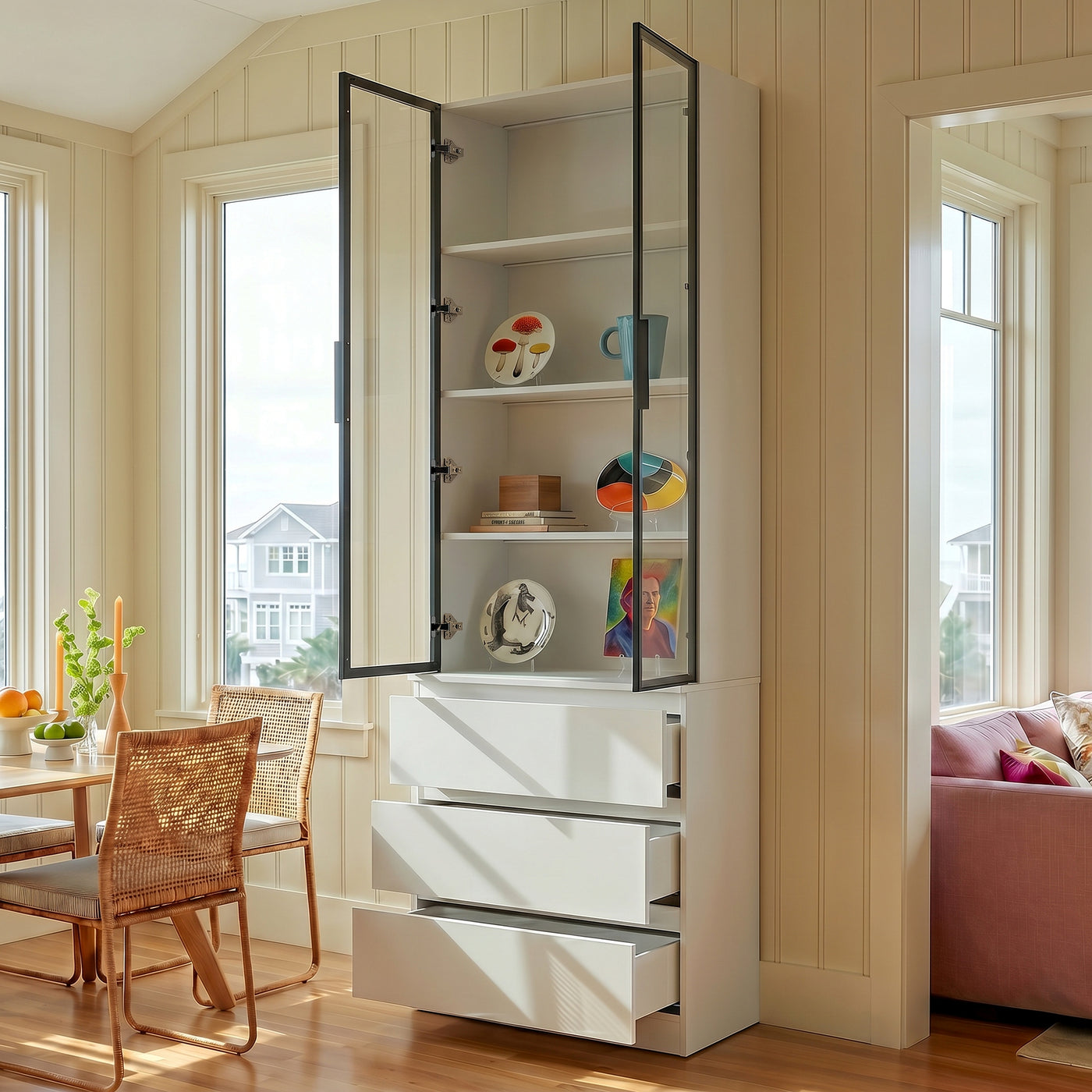 Pantry Cabinet with Glass Doors and LED Lighting