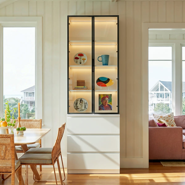 Pantry Cabinet with Glass Doors and LED Lighting