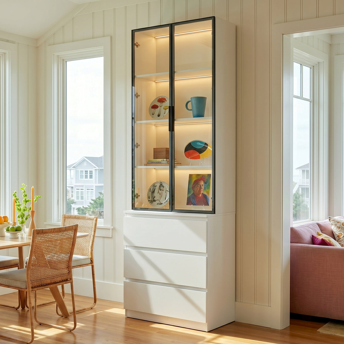 Pantry Cabinet with Glass Doors and LED Lighting