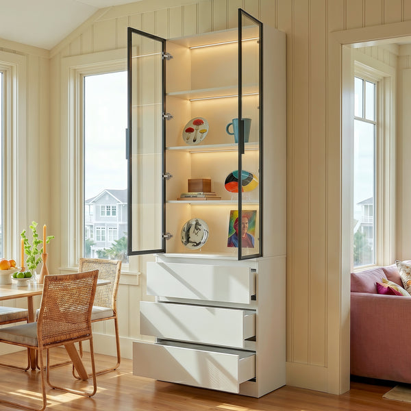 Pantry Cabinet with Glass Doors and LED Lighting