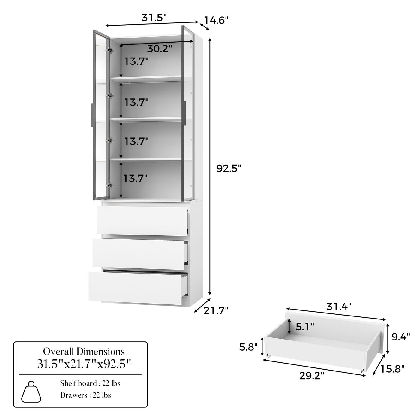 Pantry Cabinet with Glass Doors and LED Lighting