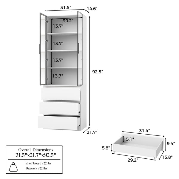 Pantry Cabinet with Glass Doors and LED Lighting