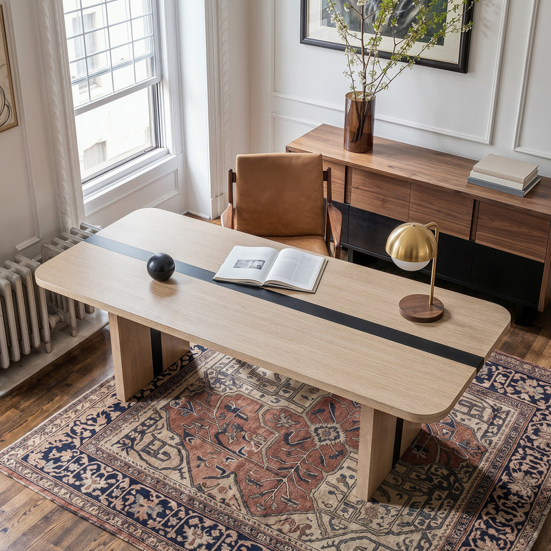 Rounded Edge Wood Grain Dining Table with Metal Frame