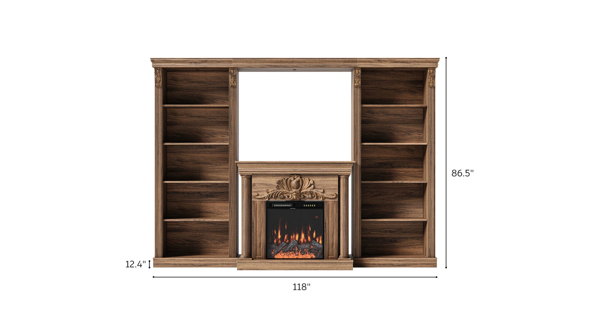 Walnut Entertainment Center with Built-In Electric Fireplace and 5-Tier Bookcases