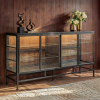 4-Door Display Cabinet with Glass Shelves and Iron Legs