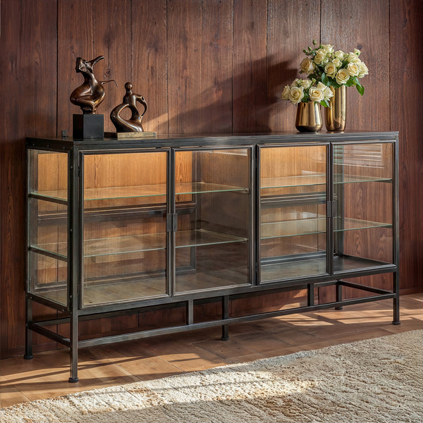 4-Door Display Cabinet with Glass Shelves and Iron Legs