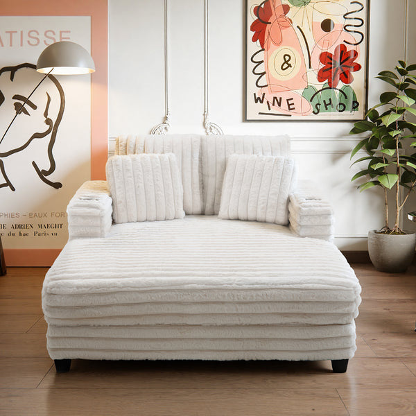 Oversized Modern Lounge Chaise Sofa Bed With Plush Faux Fur Upholstery And Pillow Set