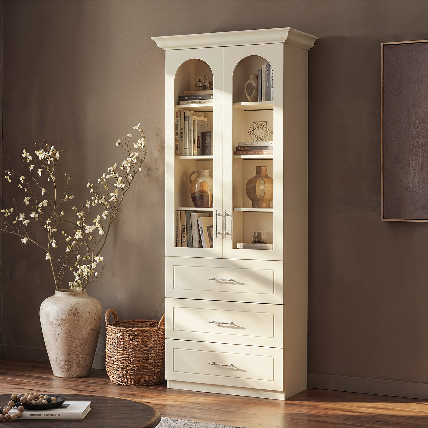 Arched Display Cabinet with Glass Doors and Integrated Lighting