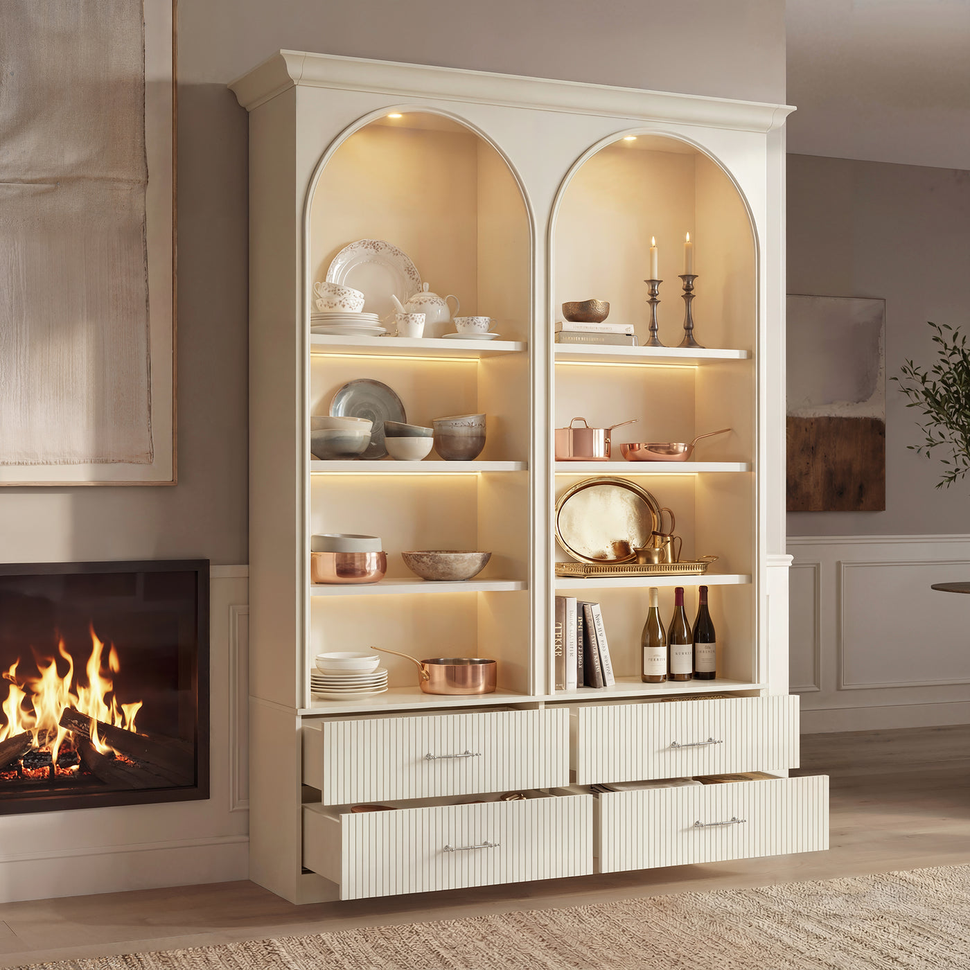 Arched Display Cabinet with Open Shelving, Drawers and Integrated Lighting