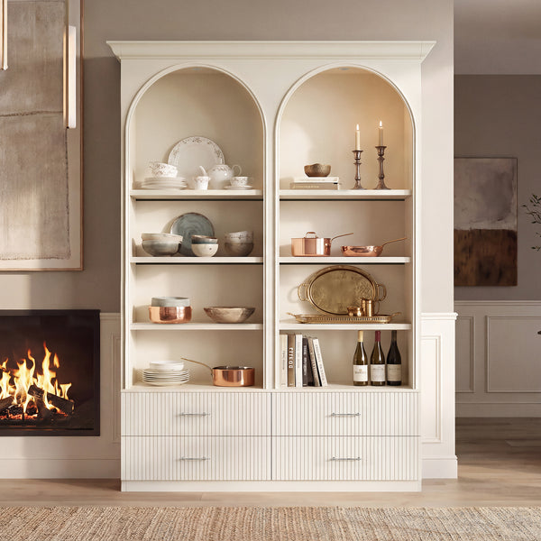 Arched Display Cabinet with Open Shelving, Drawers and Integrated Lighting
