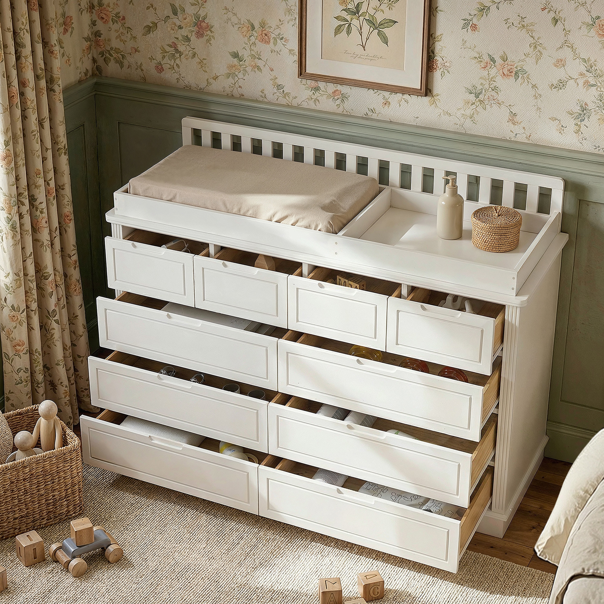 Solid Wood Changing Table with Drawers and Handle-Free Design-Natural-White