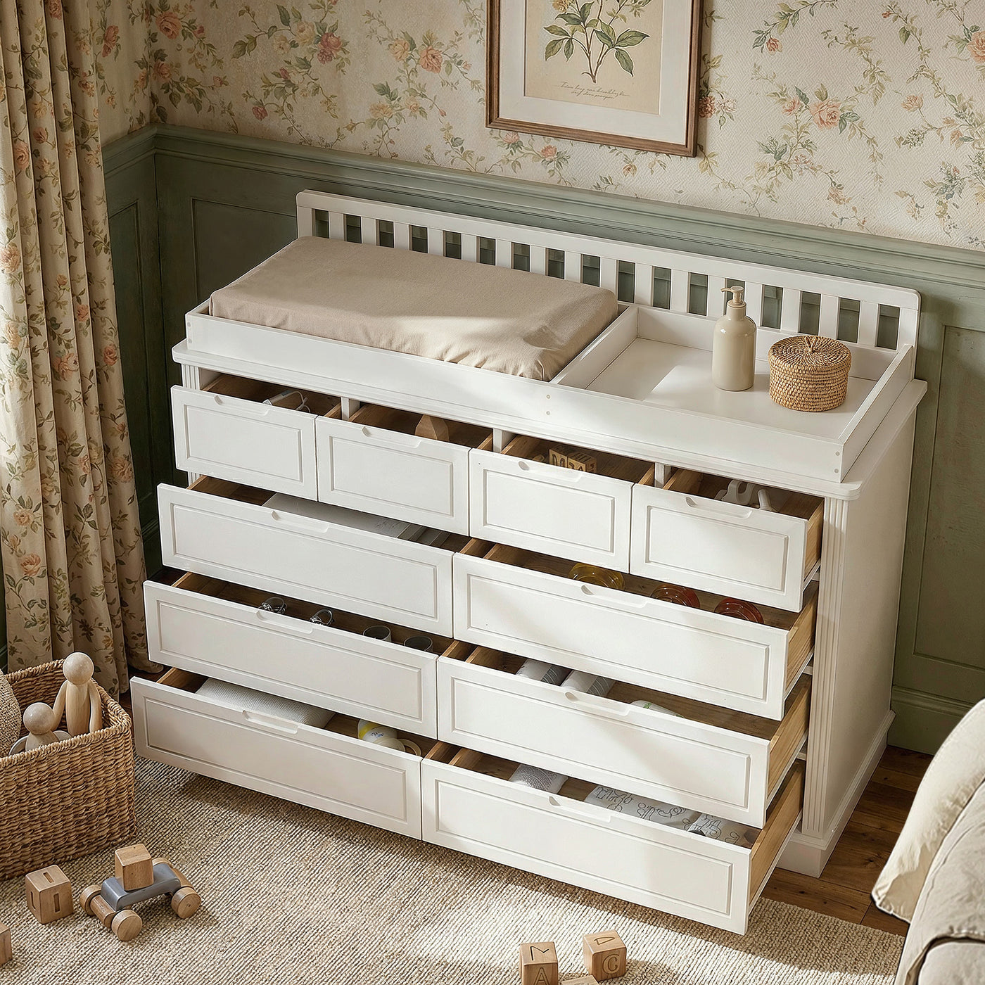 Solid Wood Changing Table with Drawers and Handle-Free Design