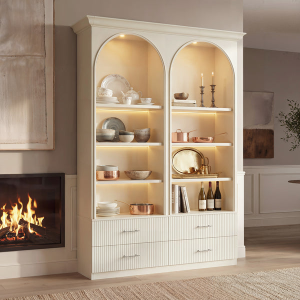 Arched Display Cabinet with Open Shelving, Drawers and Integrated Lighting