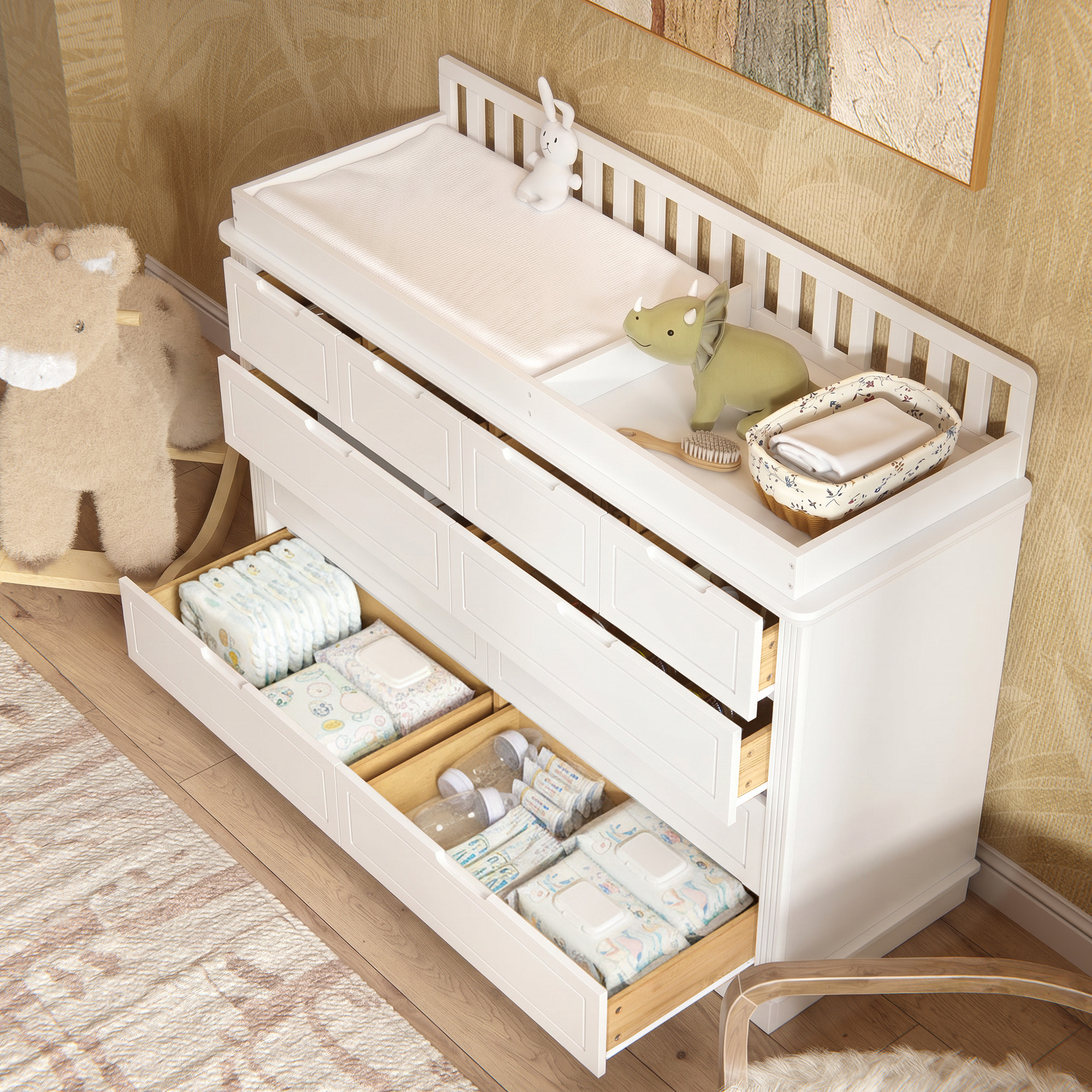 Solid Wood Changing Table with Drawers and Handle-Free Design-Natural-White