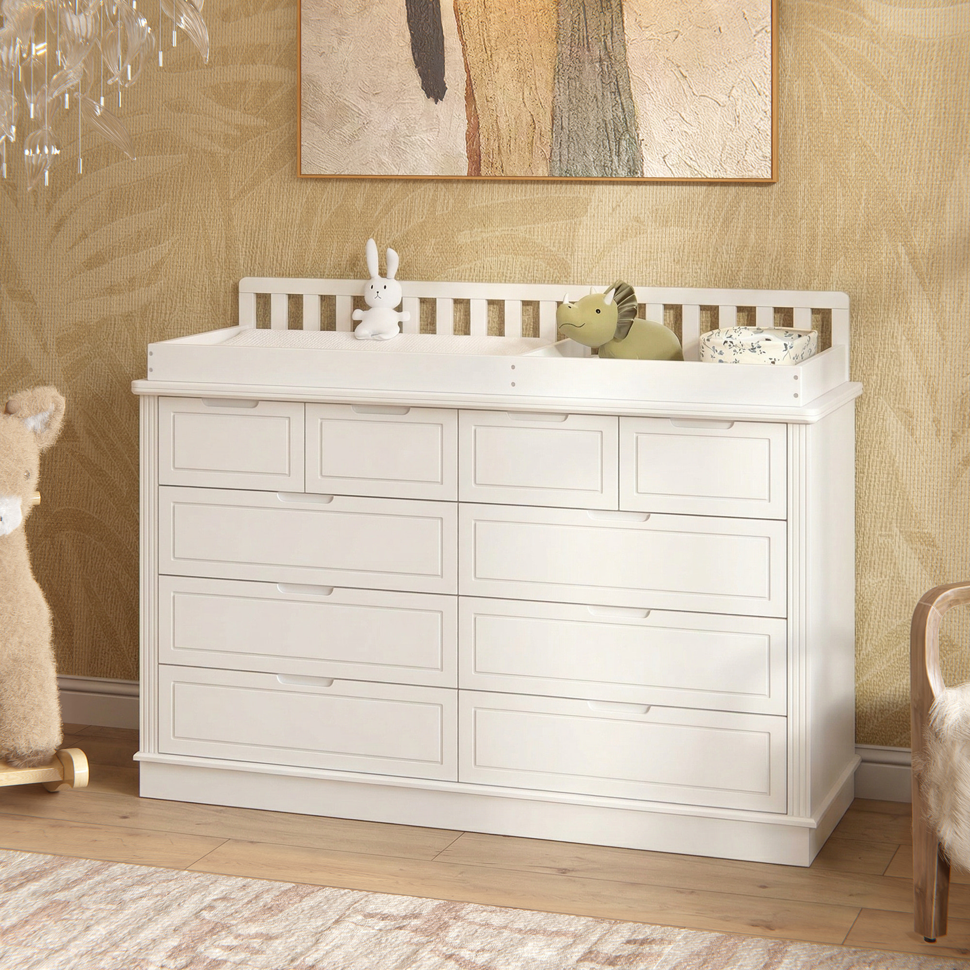 Solid Wood Changing Table with Drawers and Handle-Free Design-Natural-White