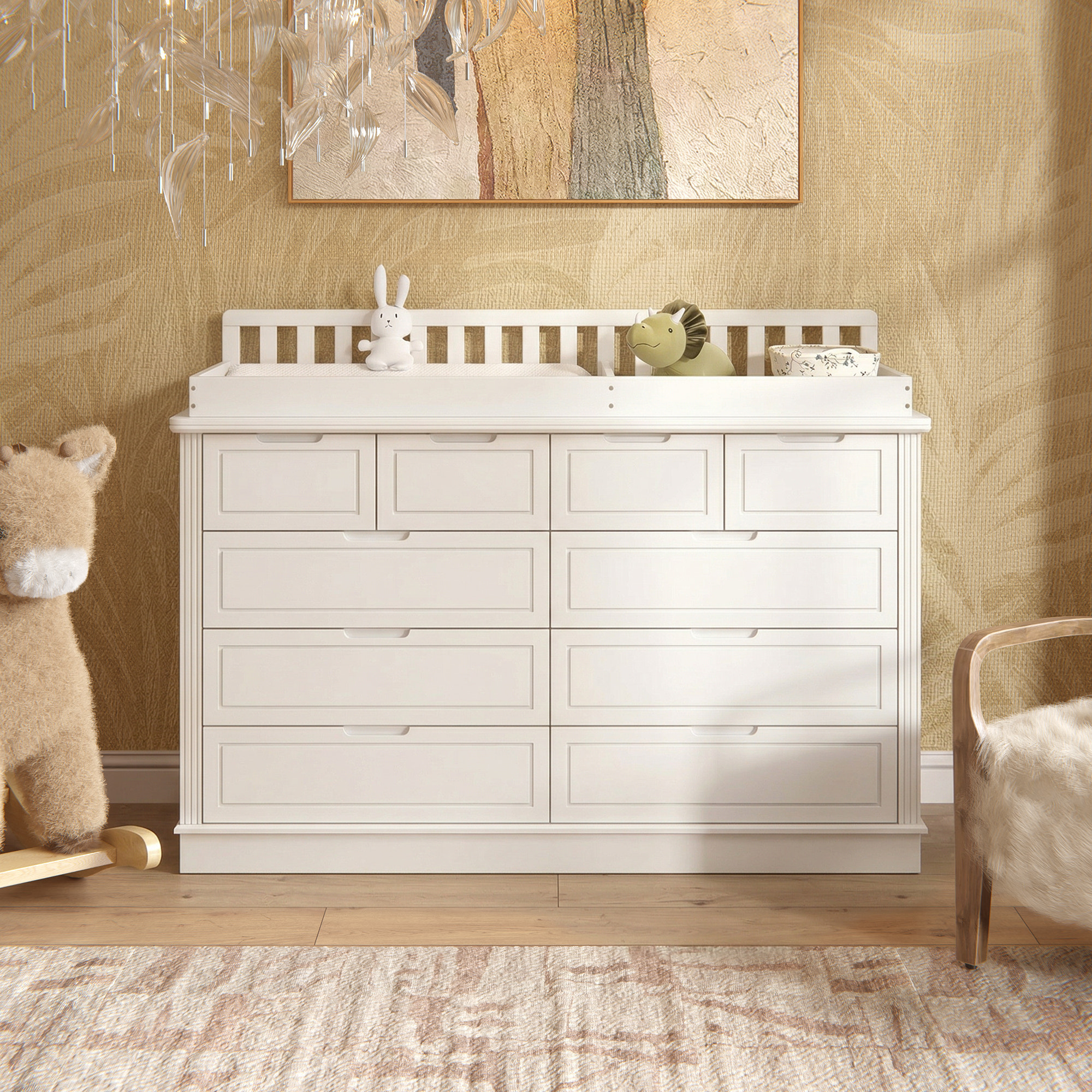 Solid Wood Changing Table with Drawers and Handle-Free Design-Natural-White