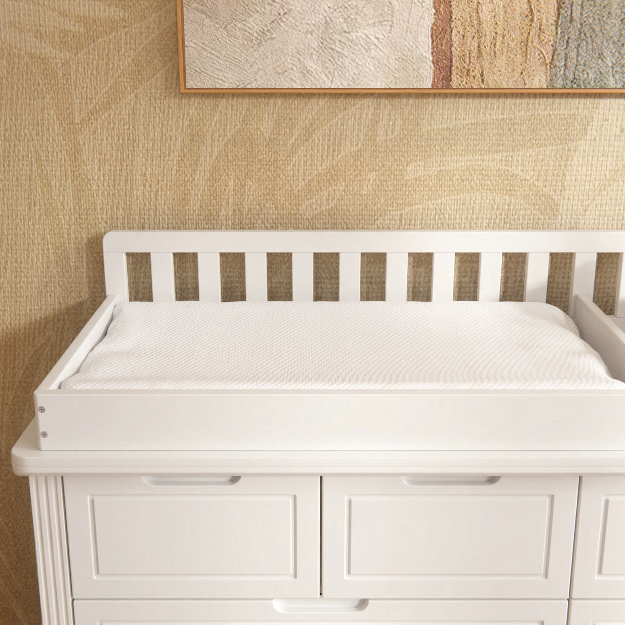 Solid Wood Changing Table with Drawers and Handle-Free Design-Natural-White