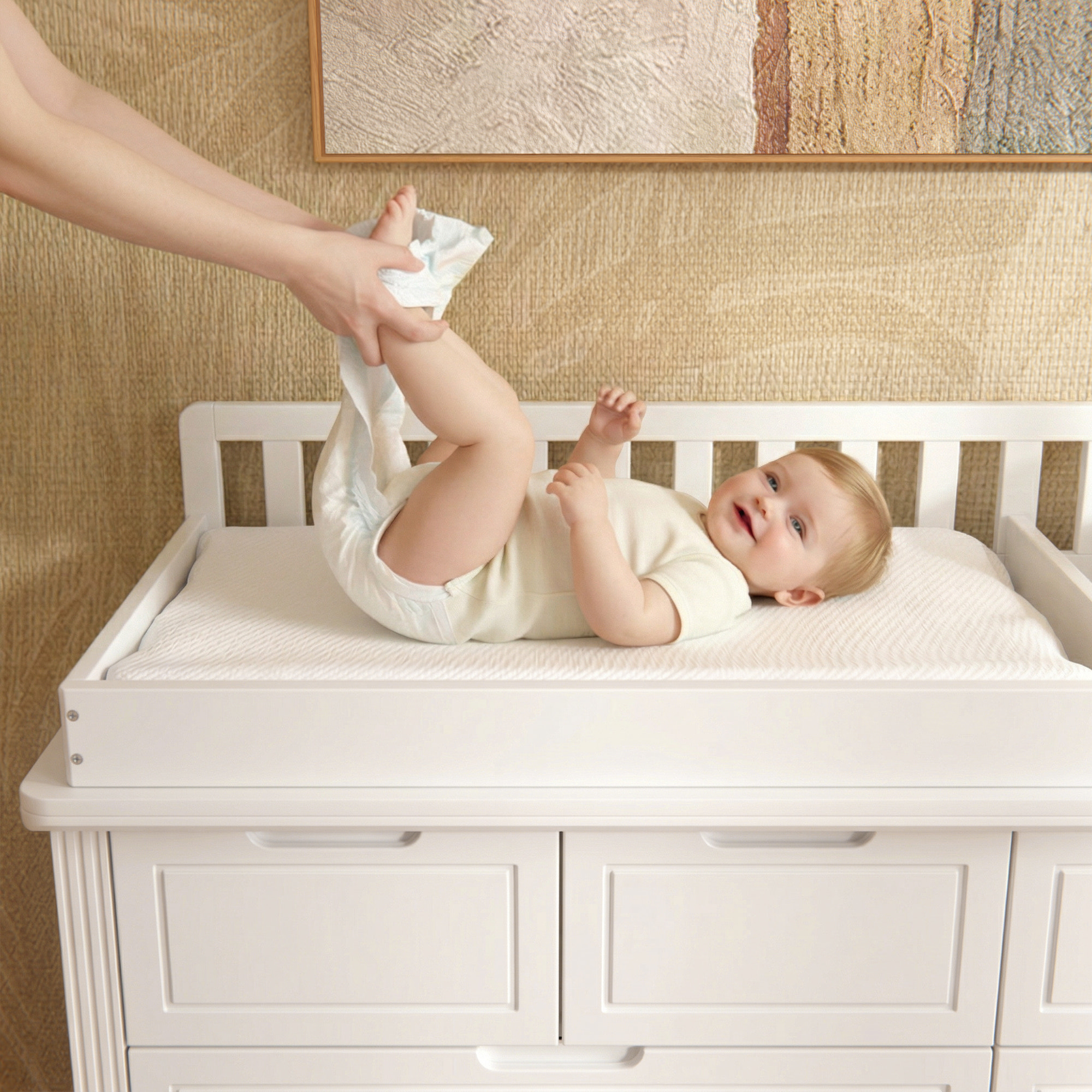 Solid Wood Changing Table with Drawers and Handle-Free Design-Natural-White