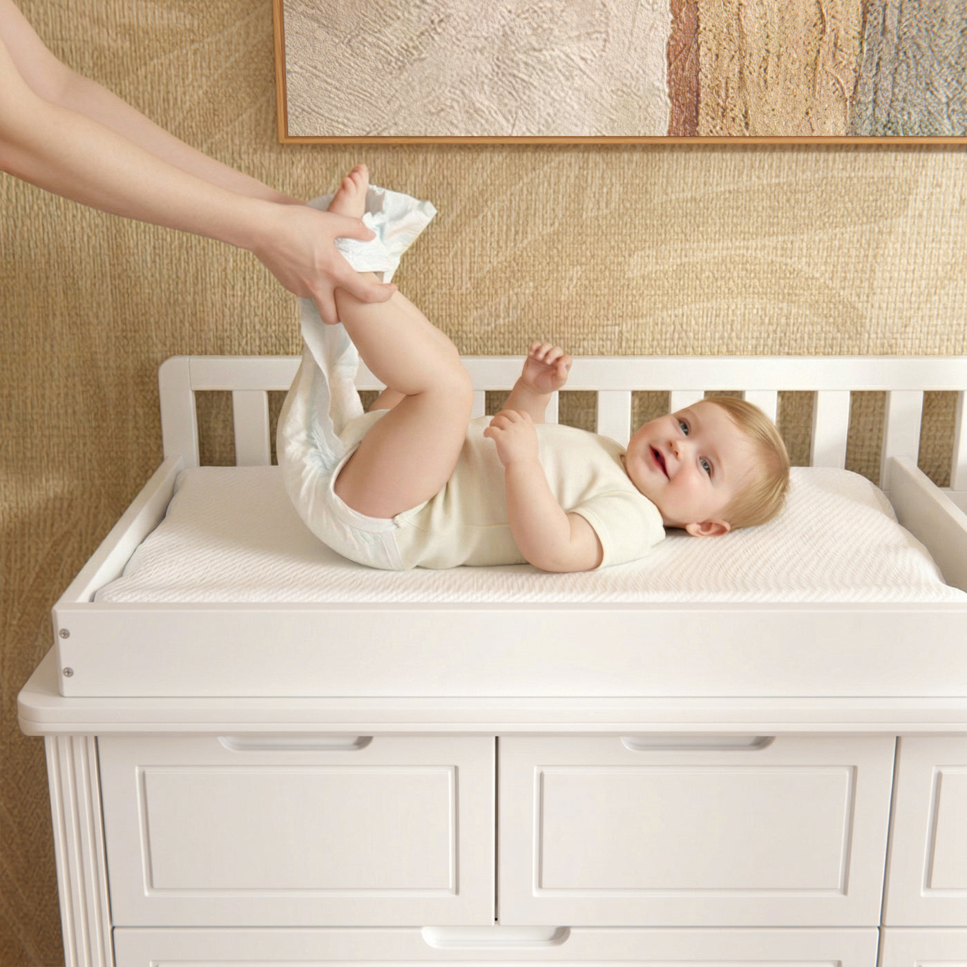Solid Wood Changing Table with Drawers and Handle-Free Design