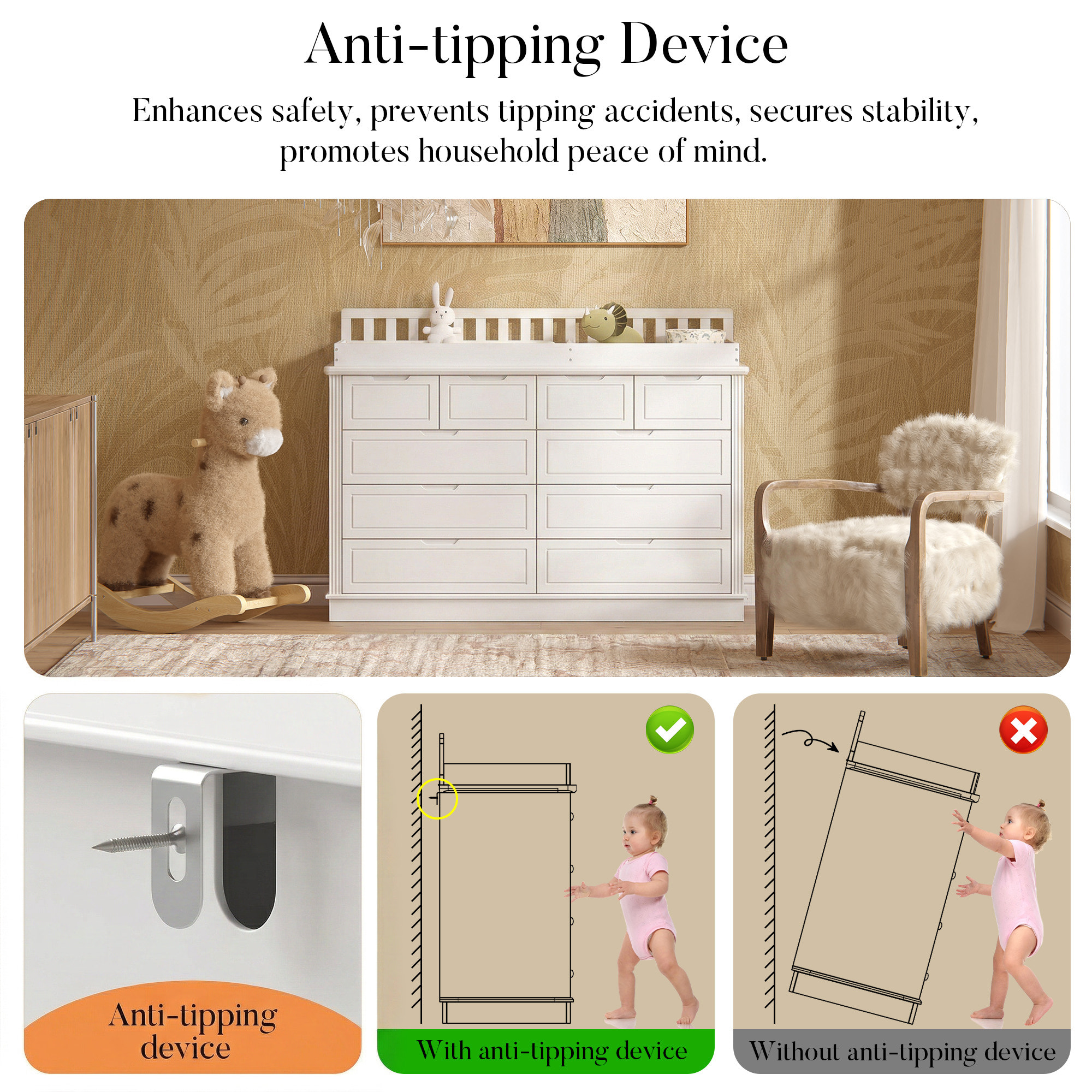 Solid Wood Changing Table with Drawers and Handle-Free Design-Natural-White