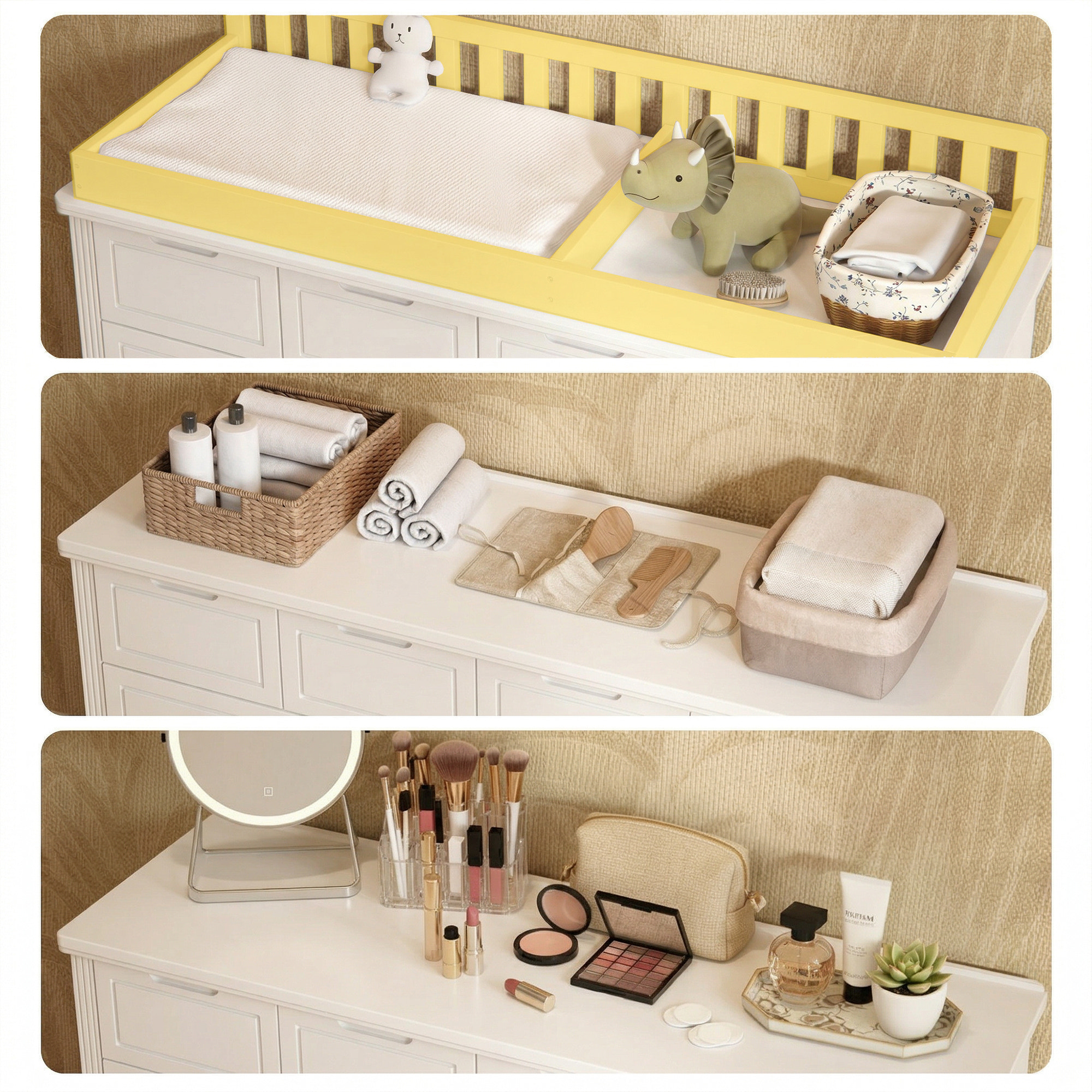 Solid Wood Changing Table with Drawers and Handle-Free Design-Natural-White