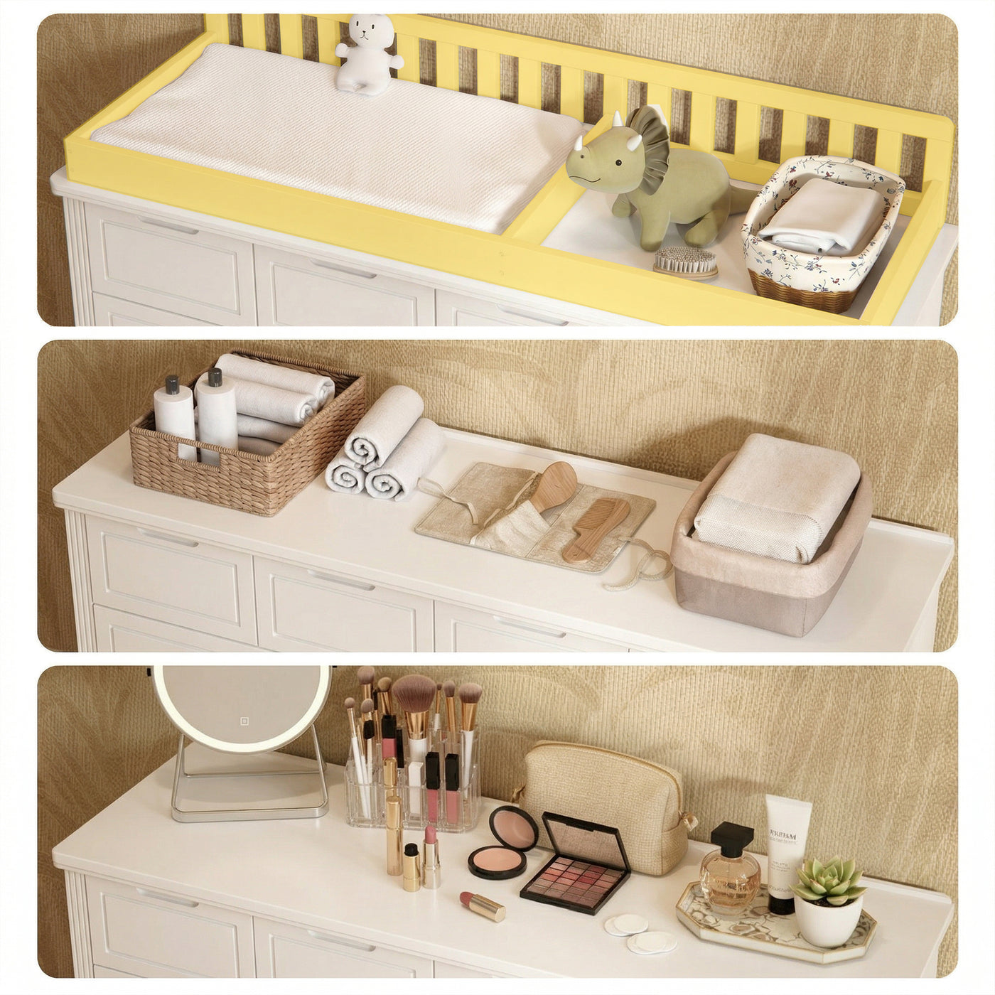 Solid Wood Changing Table with Drawers and Handle-Free Design